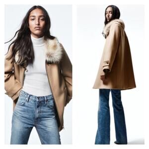 NWT ZARA Manteco Wool Blend Faux Fur Collar Parka Jacket XXL Tan